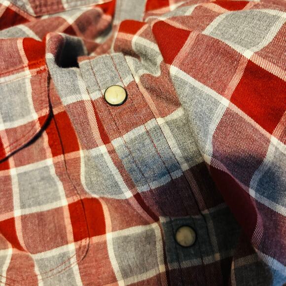 Lucky Brand Western Men's Large Thick Cotton Shirt Pearl Snap Checkered Red Gray - Picture 7 of 7
